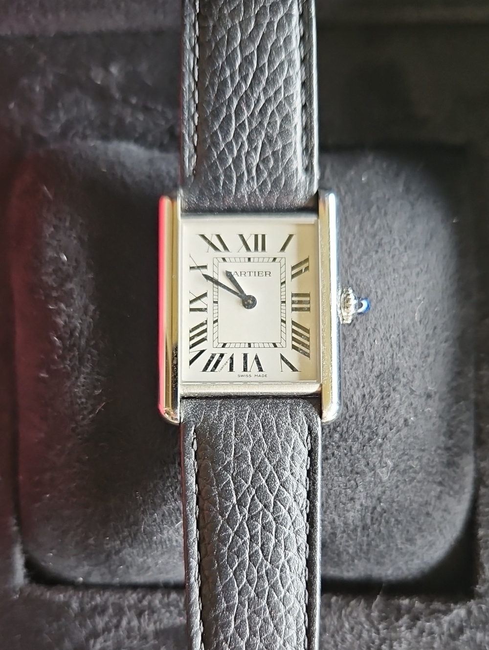 Cartier Silver-Tone Rectangular Watch with Black Leather Strap. Original Box